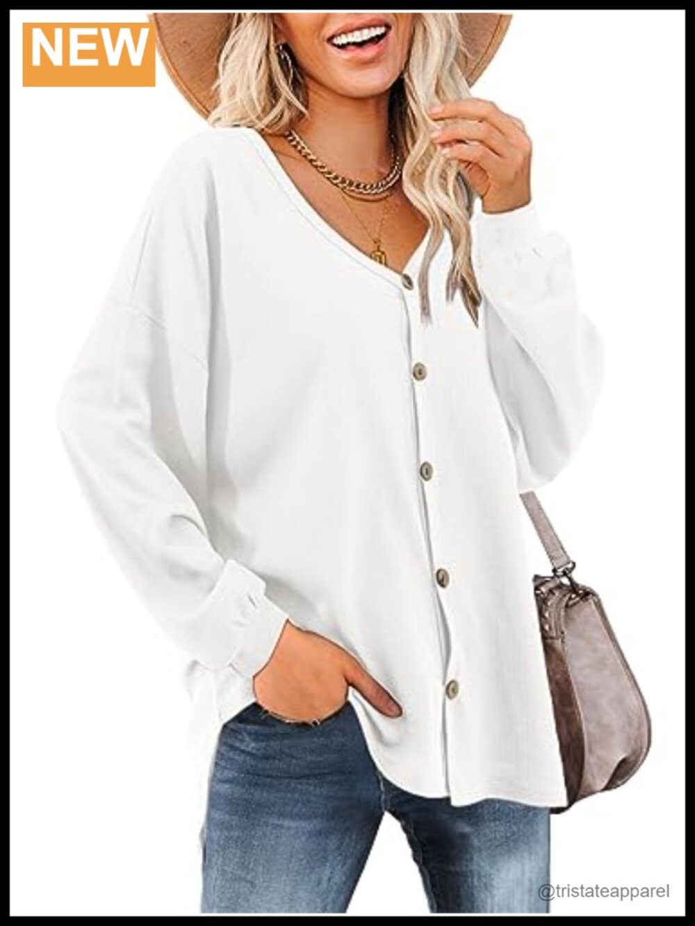 Waffle Knit Button Up Long Sleeve V Neck Tunic Top Blouse Cotton Polyester Size